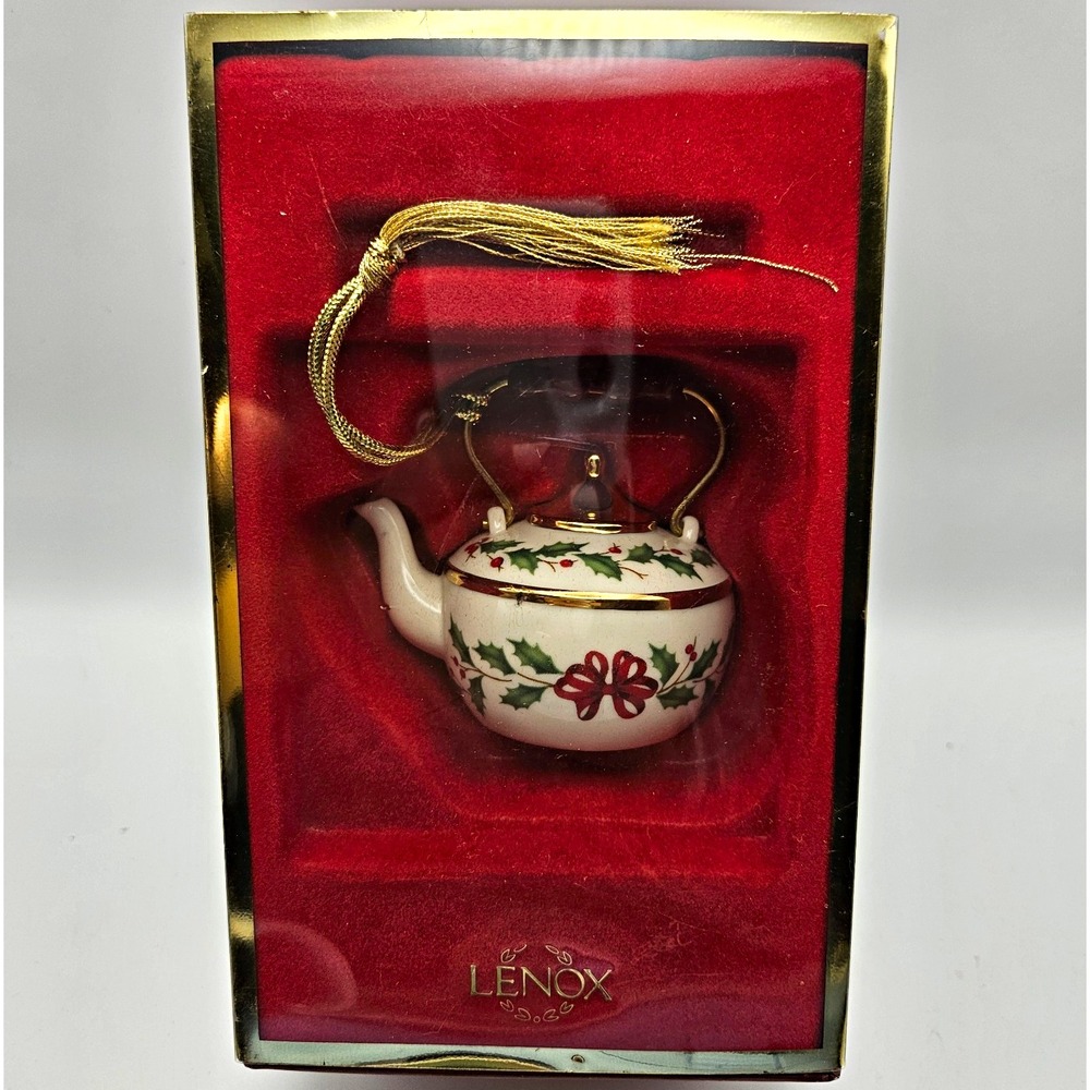 Lenox Holiday Tea Kettle Ceramic Hanging Ornament Holly Pattern Christmas